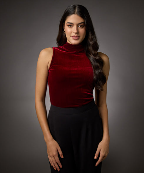 High Neck Sleeveless Velvet Top- Maroon